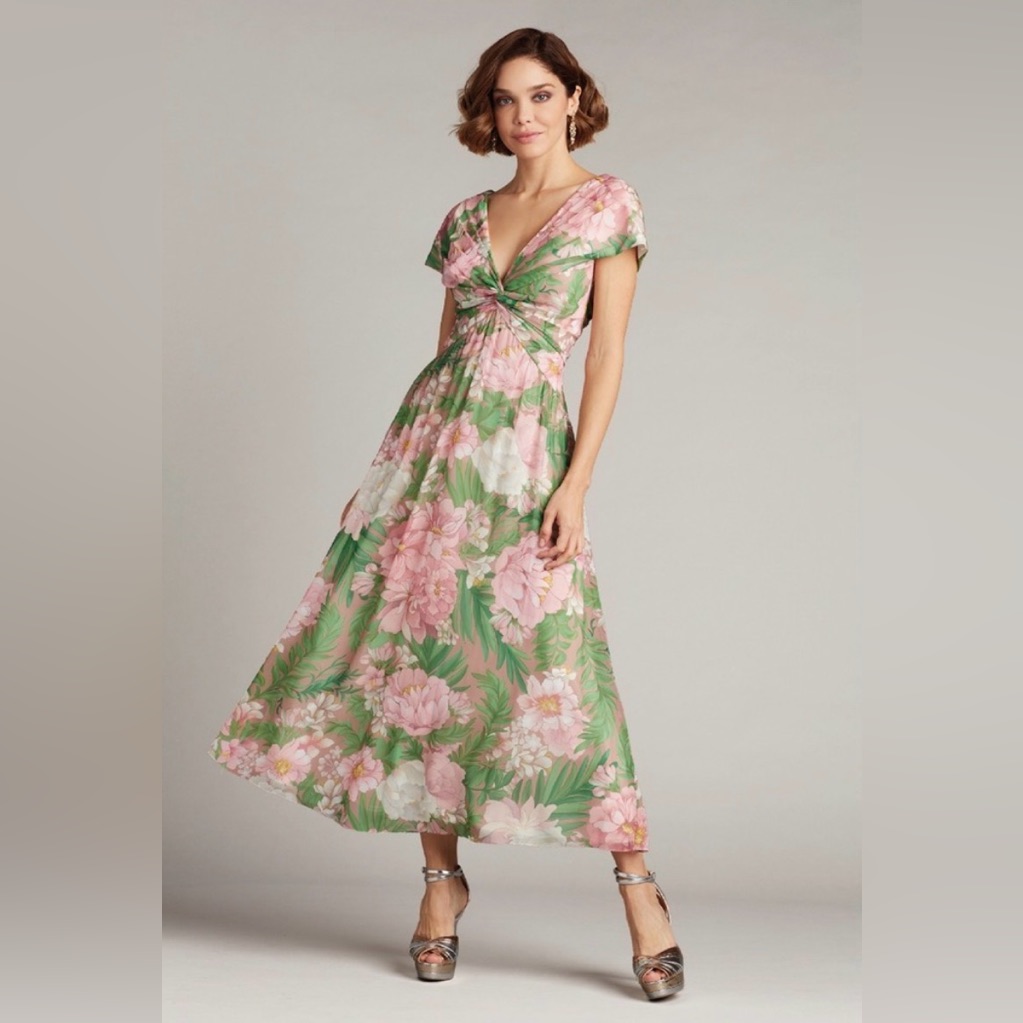 New Tadashi Shoji Ausra Floral Cap Sleeve Chiffon Dress Women's Size 2 T